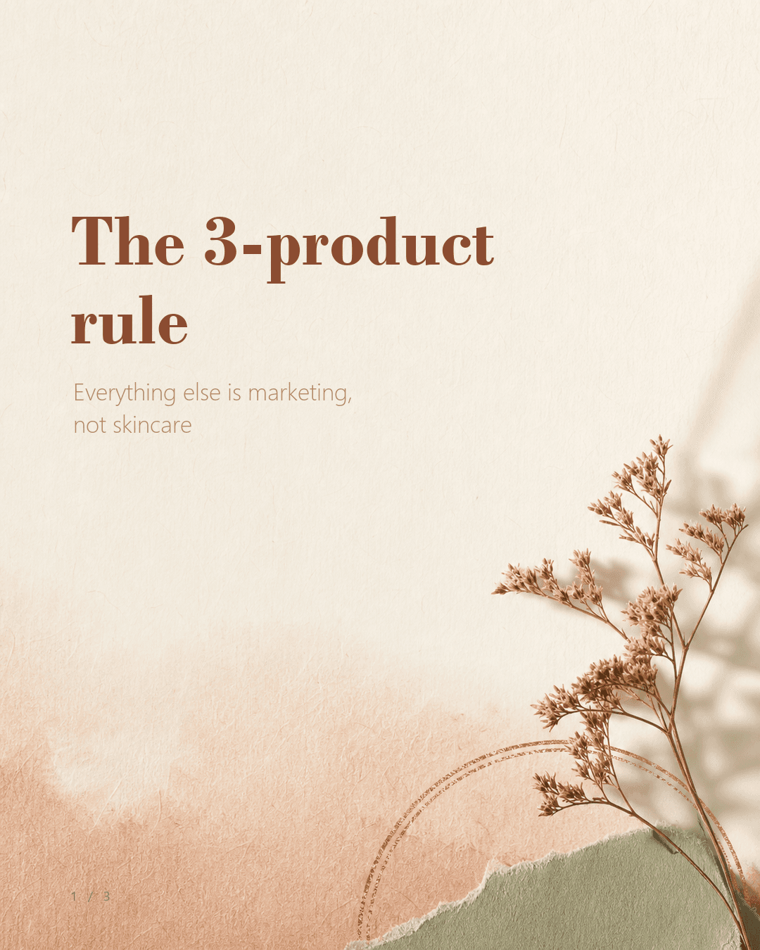 Meadowmarrow sample carousel cover slide, warm botanical style, titled 'The 3-product rule'